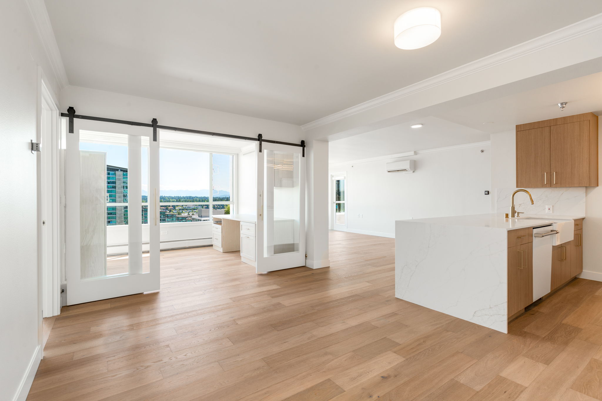 Modern condo living space with barn doors in Bellevue